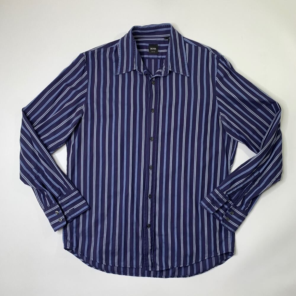 Vintage Hugo Boss Shirt Mens L Large Windsor Slim Fit Long Sleeve Striped Y2K - Picture 2 of 7